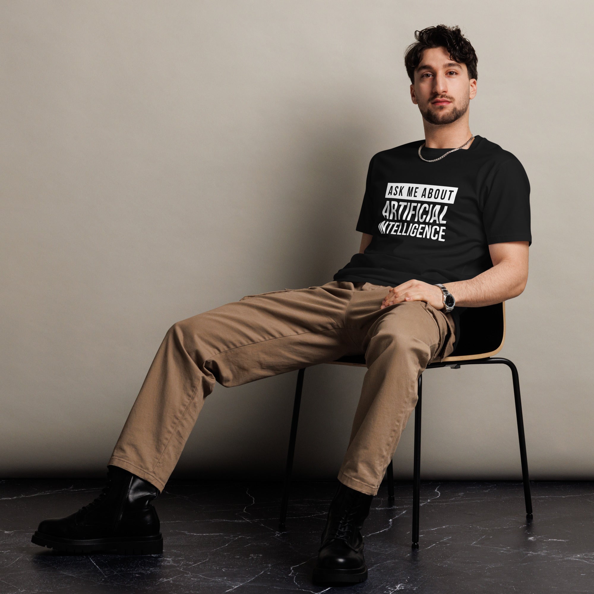 Image of the Ask Me About AI T-Shirt.