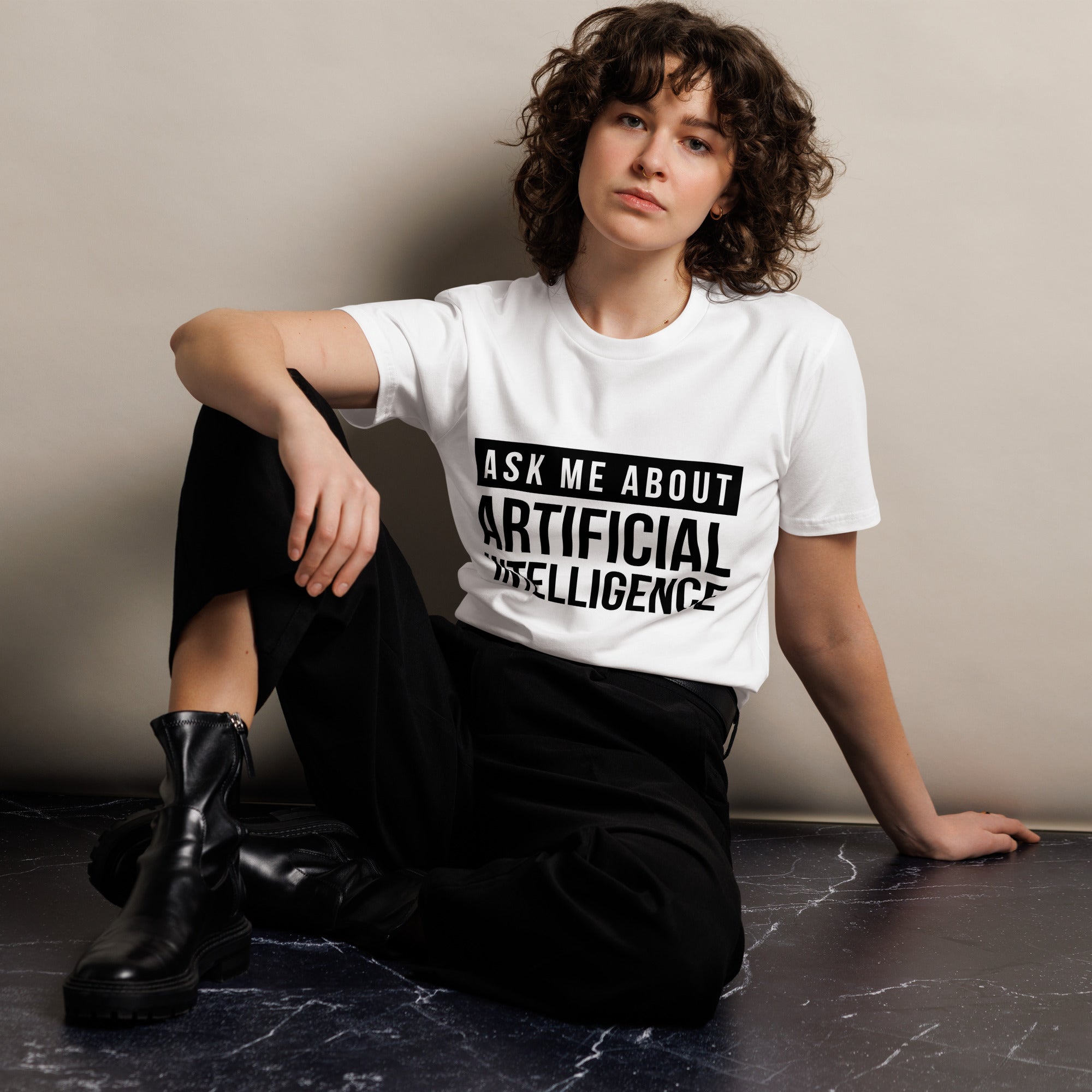 Image of the Ask Me About AI T-Shirt.