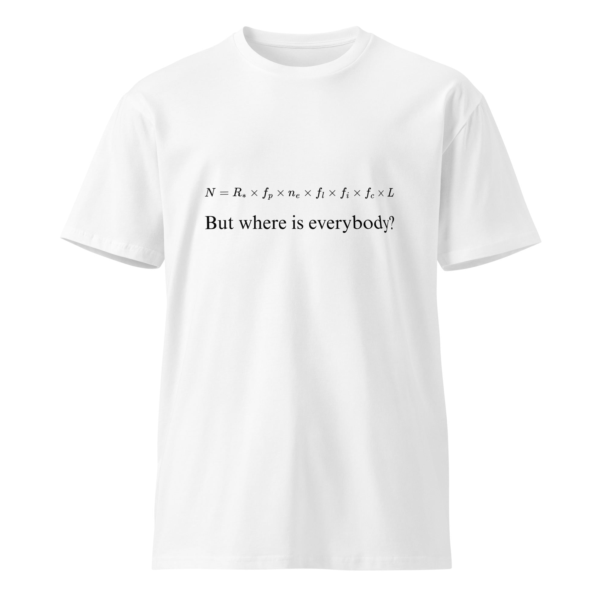 Image of the Drake Equation Fermi Paradox T-Shirt.